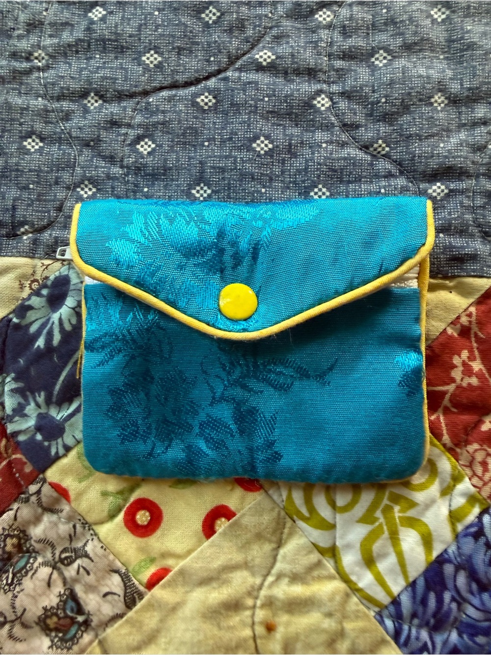 Vintage Teal Satin Floral Jewelry Travel Pouch Yellow Trim